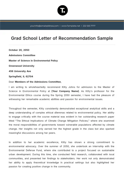 Free Grad School Letter of Recommendation Sample Template to Edit Online