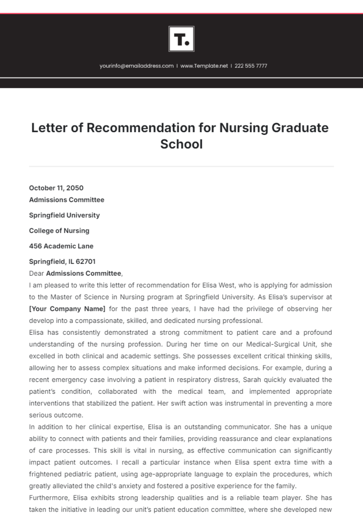 Letter of Recommendation for Nursing Graduate School Template