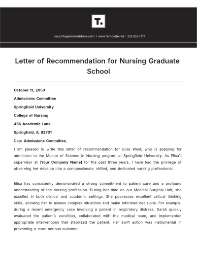Free Letter of Recommendation for Nursing Graduate School Template to Edit Online