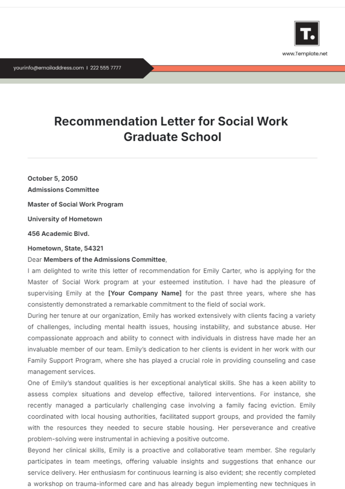 Recommendation Letter for Social Work Graduate School Template - Edit Online & Download