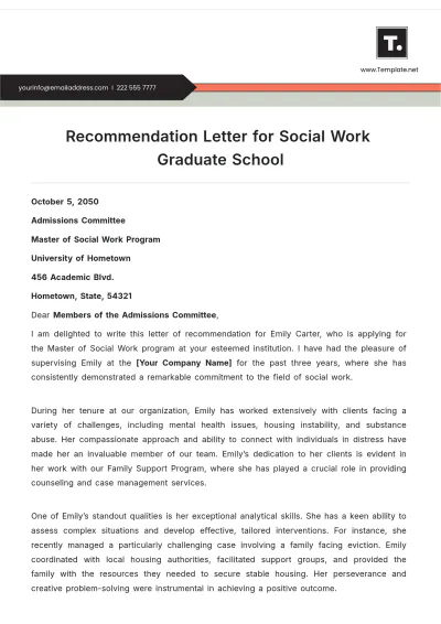 Free Recommendation Letter for Social Work Graduate School Template to Edit Online