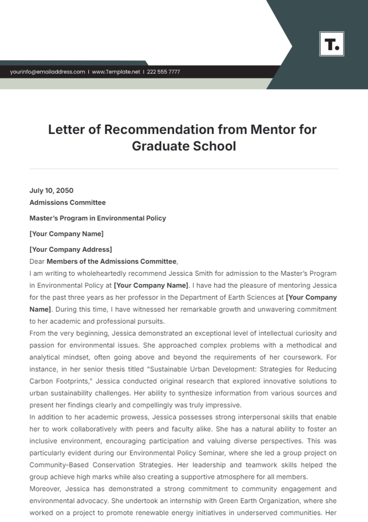 Letter of Recommendation from Mentor for Graduate School Template - Edit Online & Download