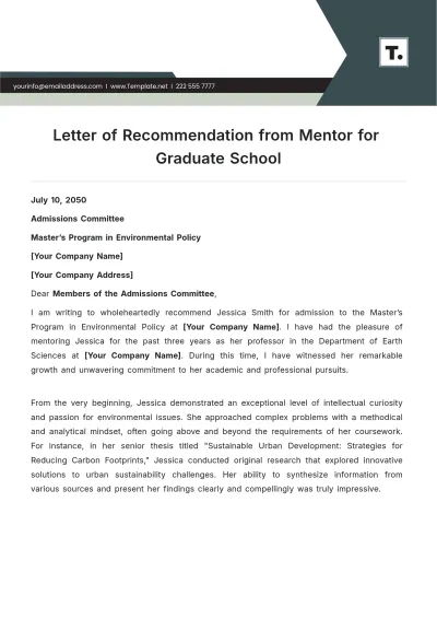 Free Letter of Recommendation from Mentor for Graduate School Template to Edit Online