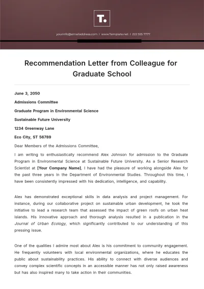 Free Recommendation Letter from Colleague for Graduate School Template to Edit Online