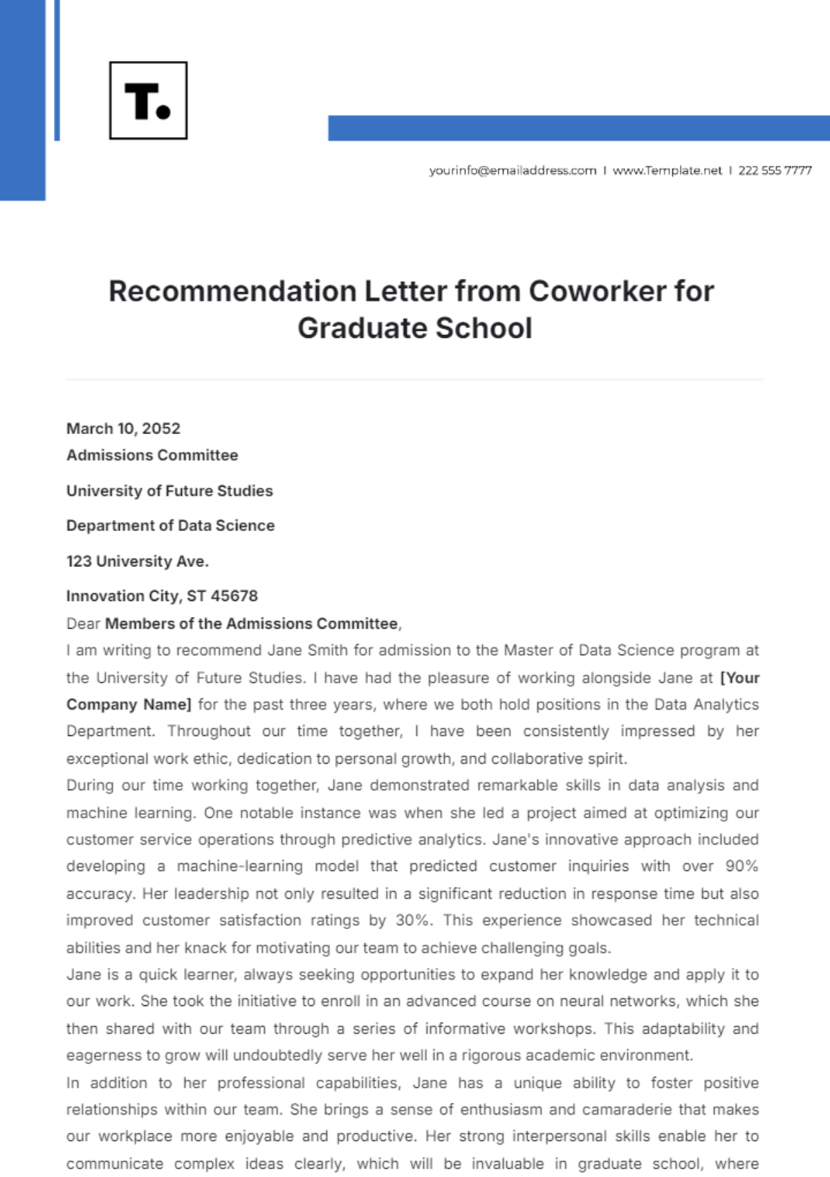 Recommendation Letter from Coworker for Graduate School Template - Edit Online & Download