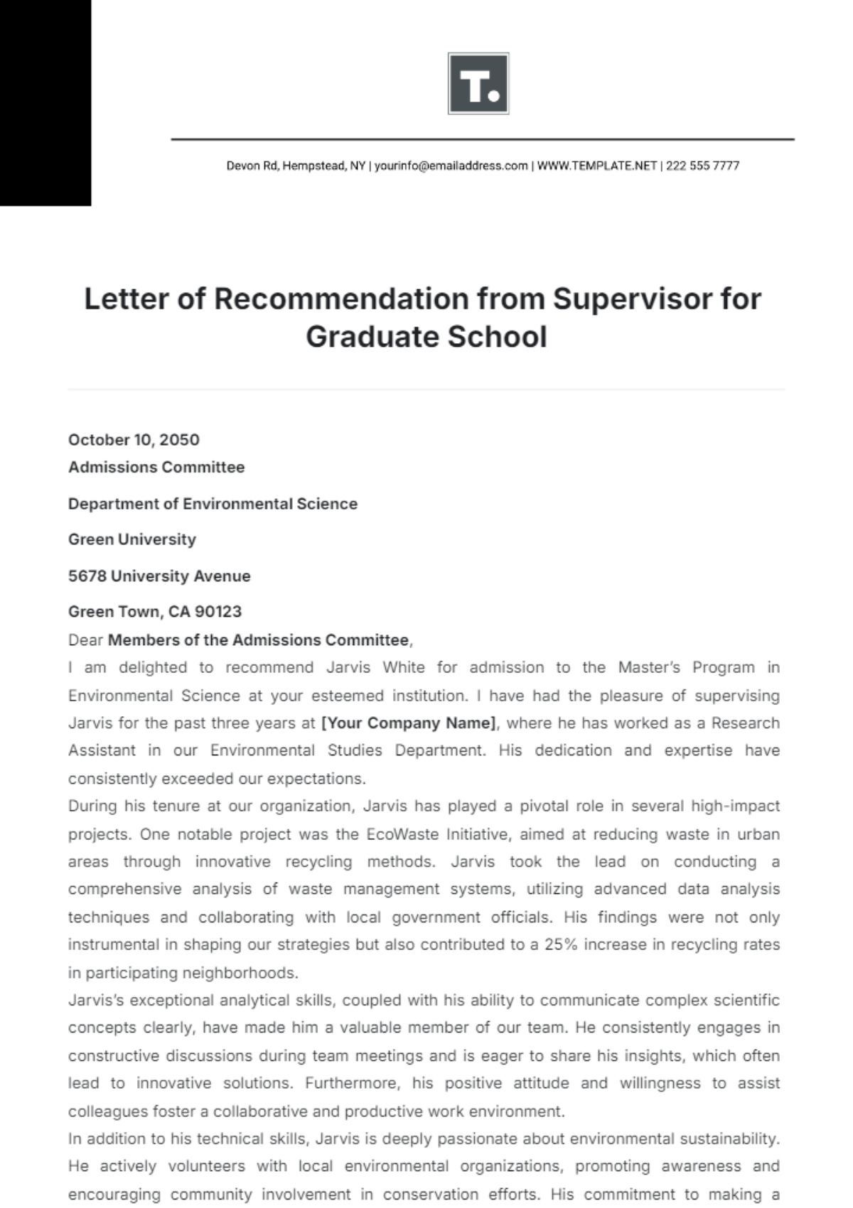 Letter of Recommendation from Supervisor for Graduate School Template - Edit Online & Download