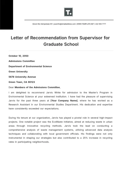Free Letter of Recommendation from Supervisor for Graduate School Template to Edit Online