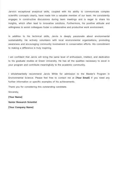 Free Letter of Recommendation from Supervisor for Graduate School Template to Edit Online