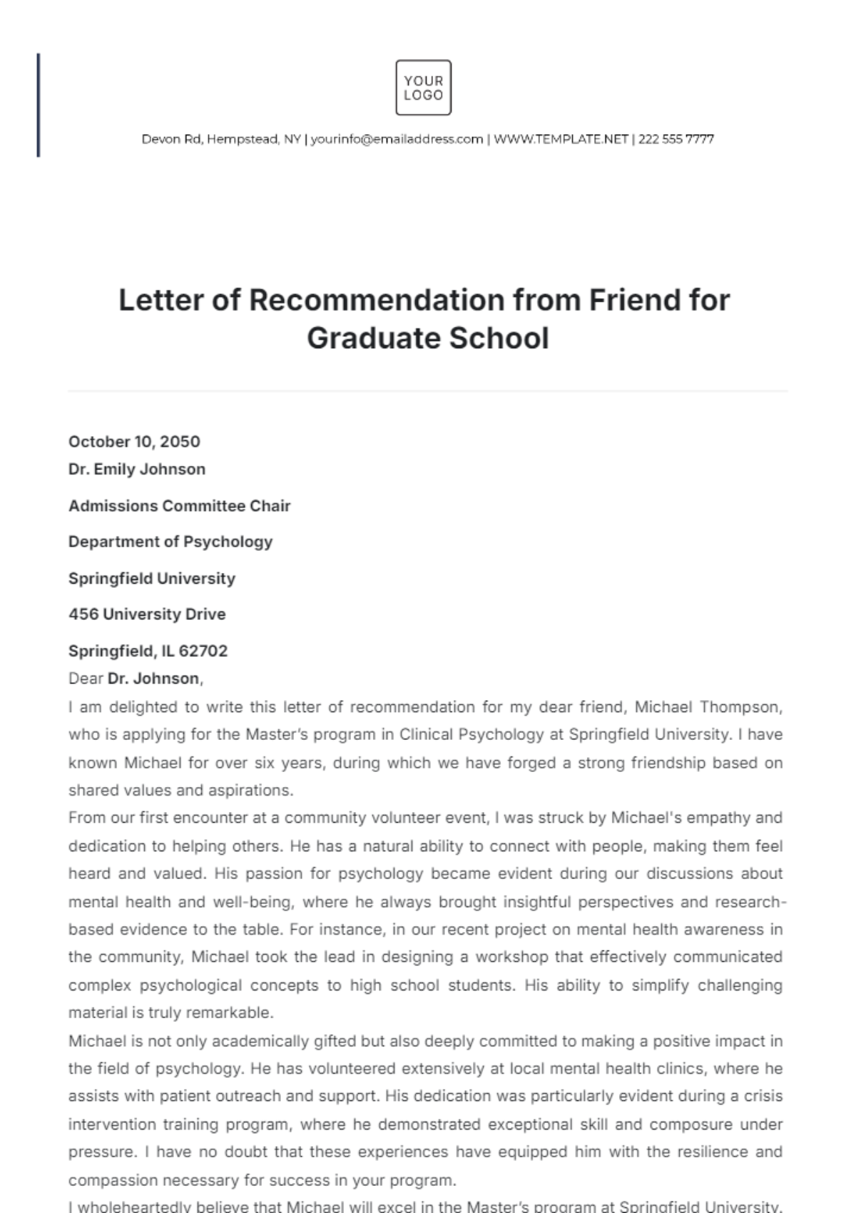 Letter of Recommendation from Friend for Graduate School Template - Edit Online & Download