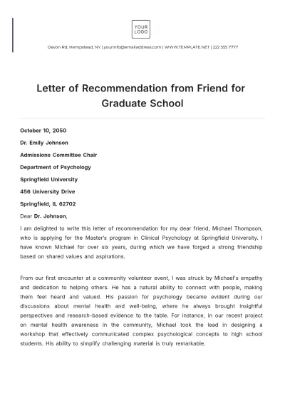 Free Letter of Recommendation from Friend for Graduate School Template to Edit Online