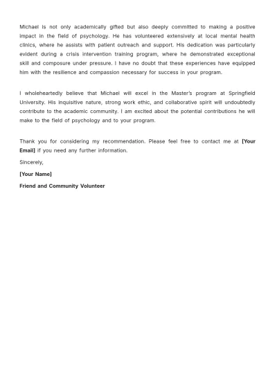 Free Letter of Recommendation from Friend for Graduate School Template to Edit Online