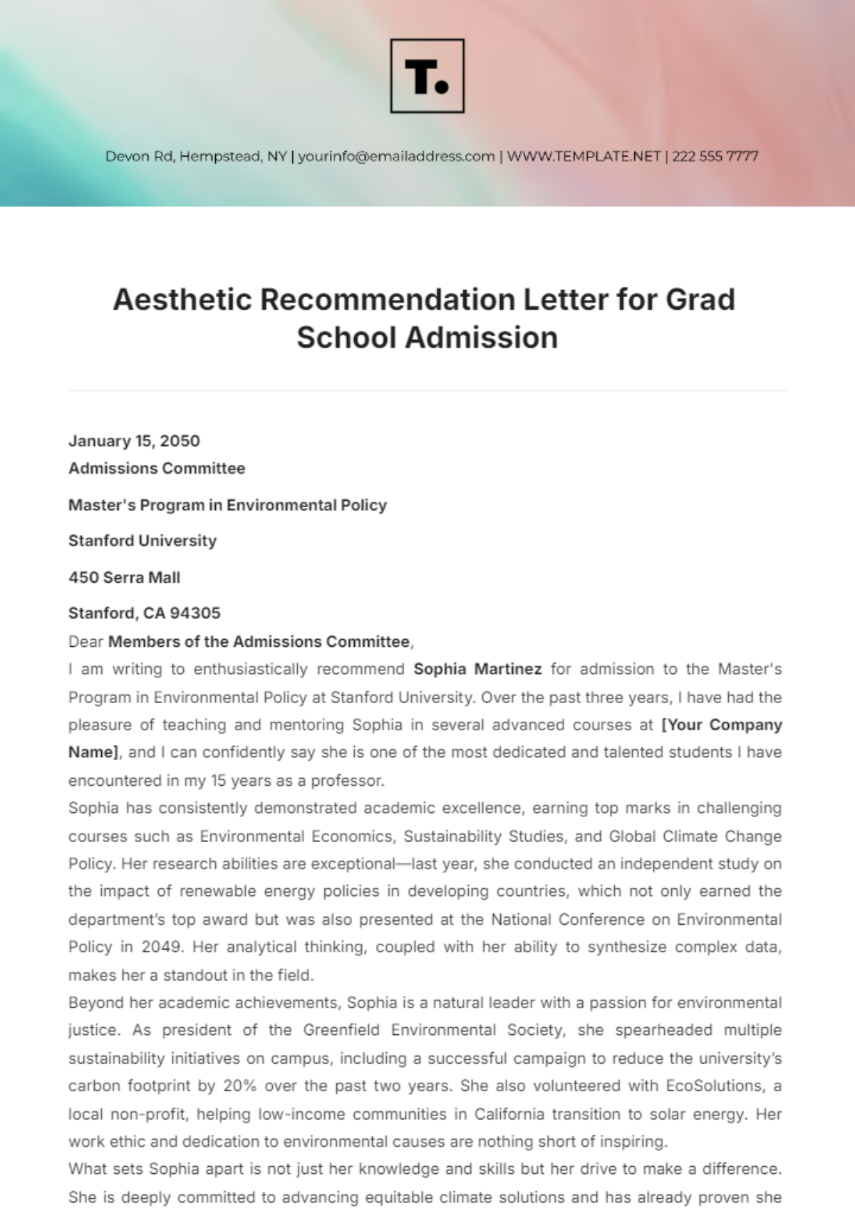 Aesthetic Recommendation Letter for Grad School Admission Template - Edit Online & Download