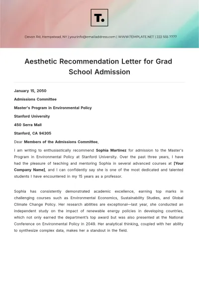 Free Aesthetic Recommendation Letter for Grad School Admission Template to Edit Online