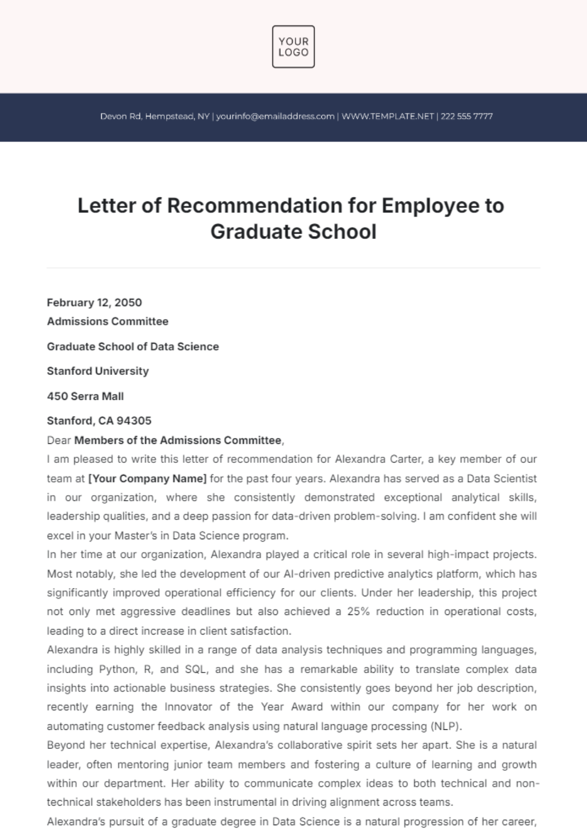 Letter of Recommendation Template for Employee to Graduate School - Edit Online & Download