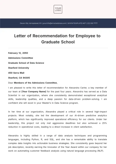 Free Letter of Recommendation Template for Employee to Graduate School to Edit Online