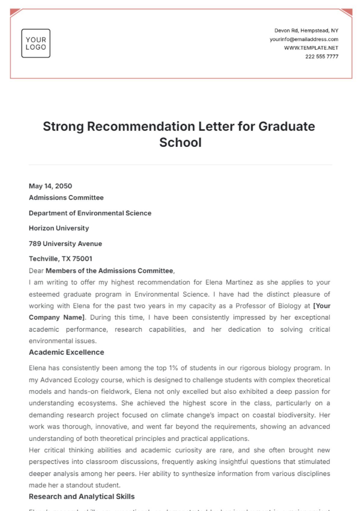 Strong Recommendation Letter for Graduate School Template - Edit Online & Download