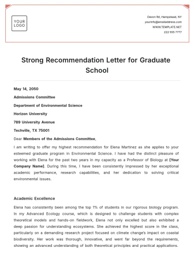 Free Strong Recommendation Letter for Graduate School Template to Edit Online