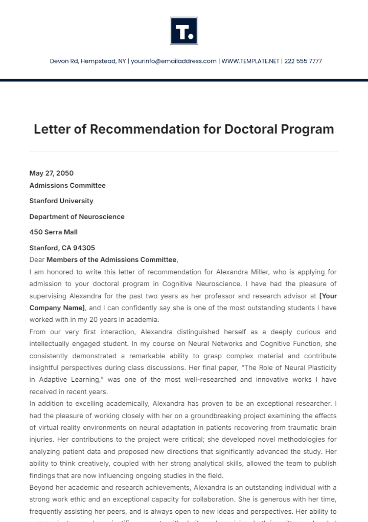 Letter of Recommendation for Doctoral Program Template - Edit Online & Download