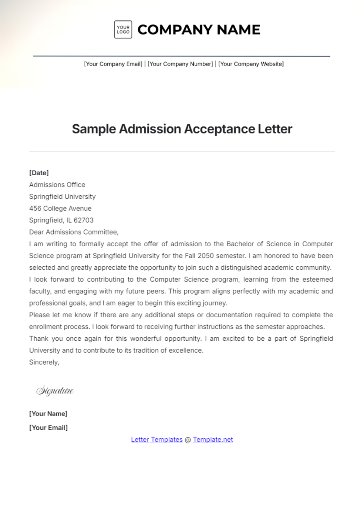 Sample Admission Acceptance Letter Template - Edit Online & Download