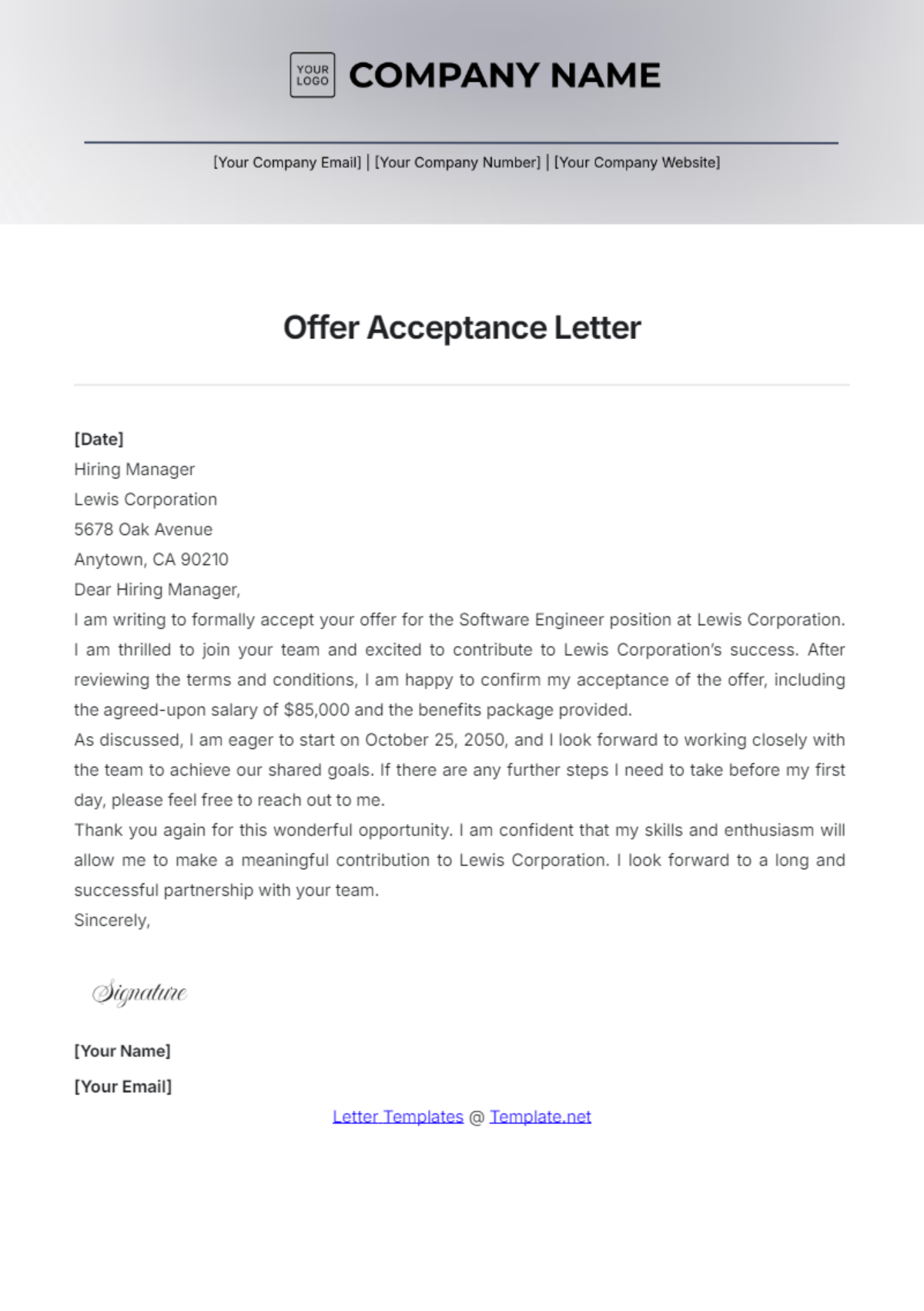 Offer Acceptance Letter Template - Edit Online & Download