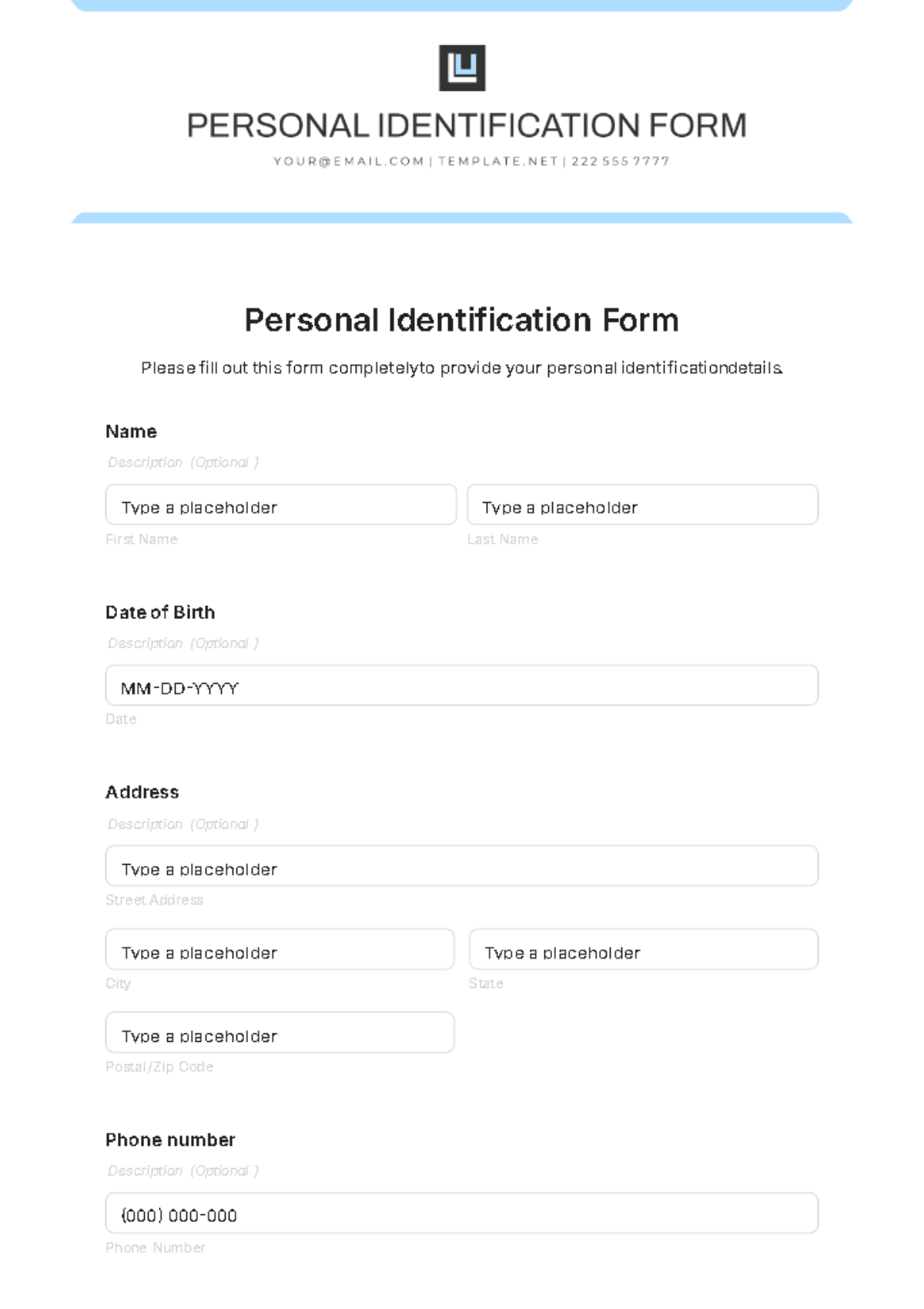 Free Personal Identification Form Template to Edit Online