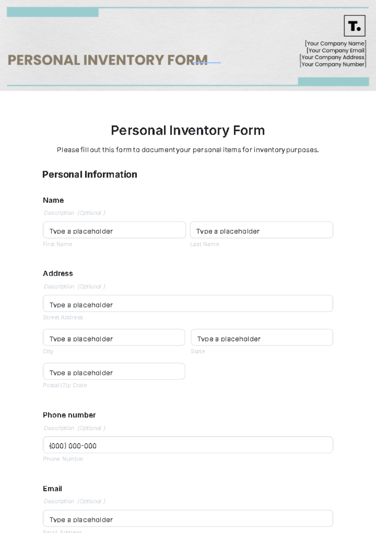 Personal Inventory Form Template - Edit Online & Download