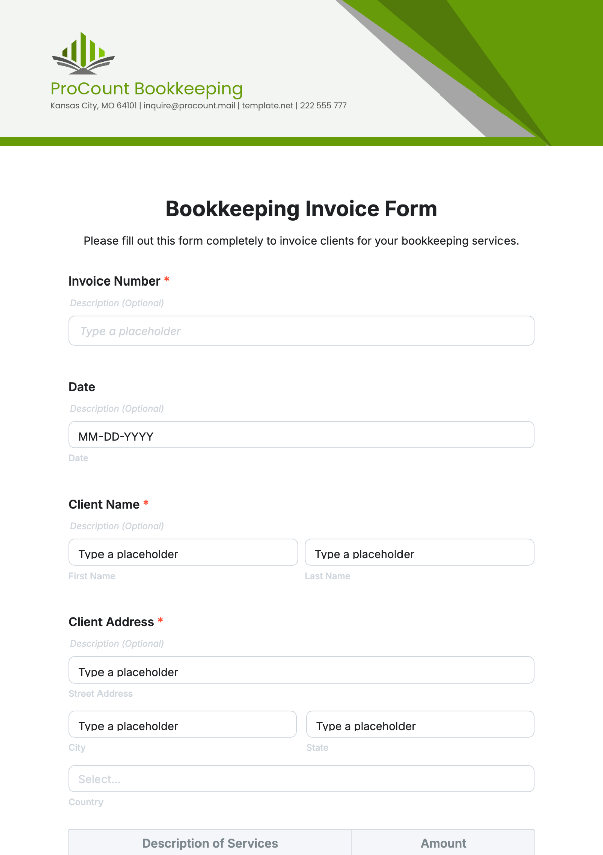 Bookkeeping Invoice Form Template - Edit Online & Download