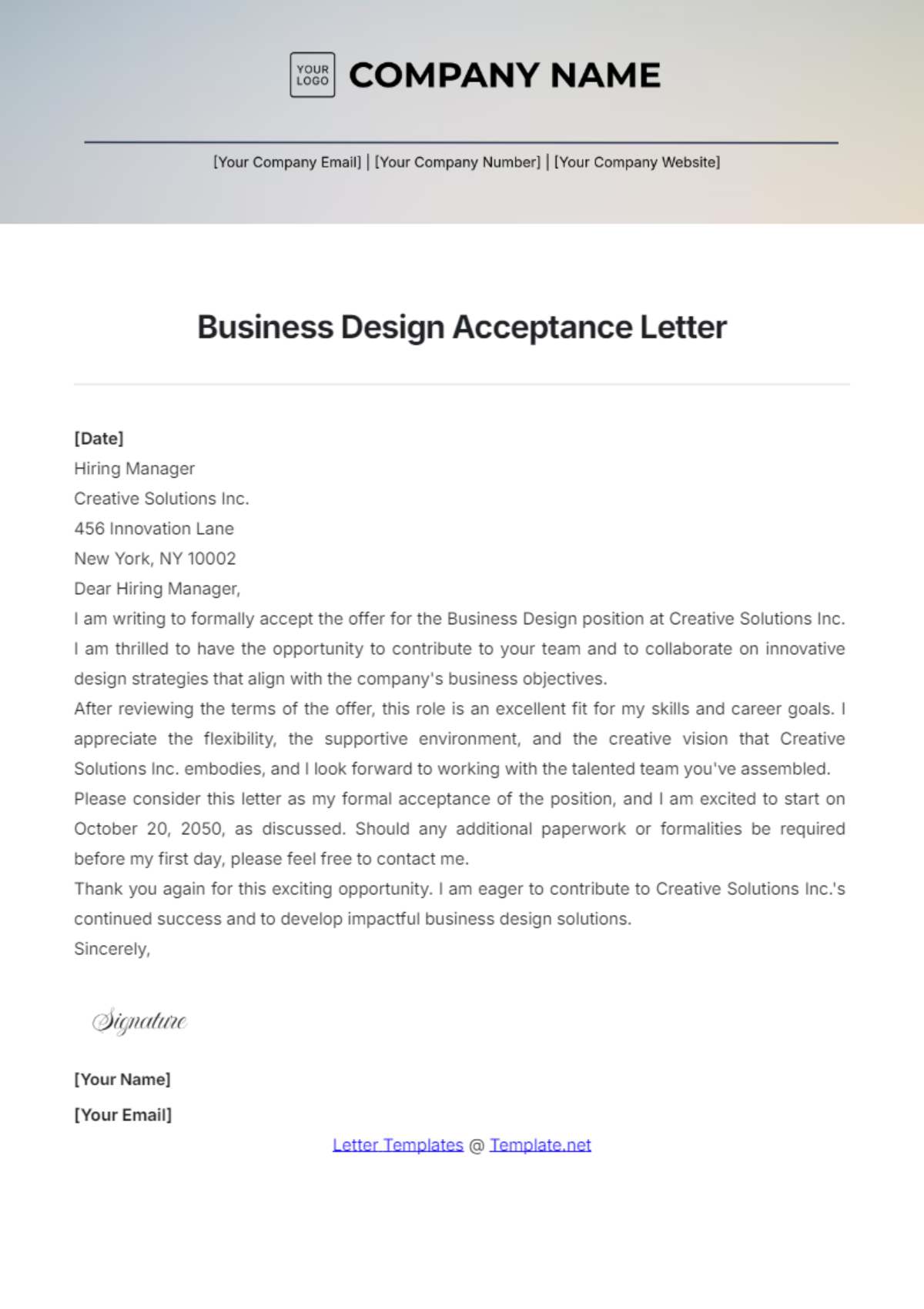 Business Design Acceptance Letter Template - Edit Online & Download