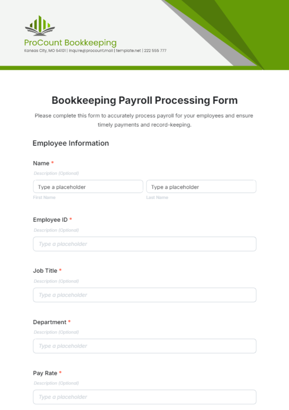 Bookkeeping Payroll Processing Form Template - Edit Online & Download