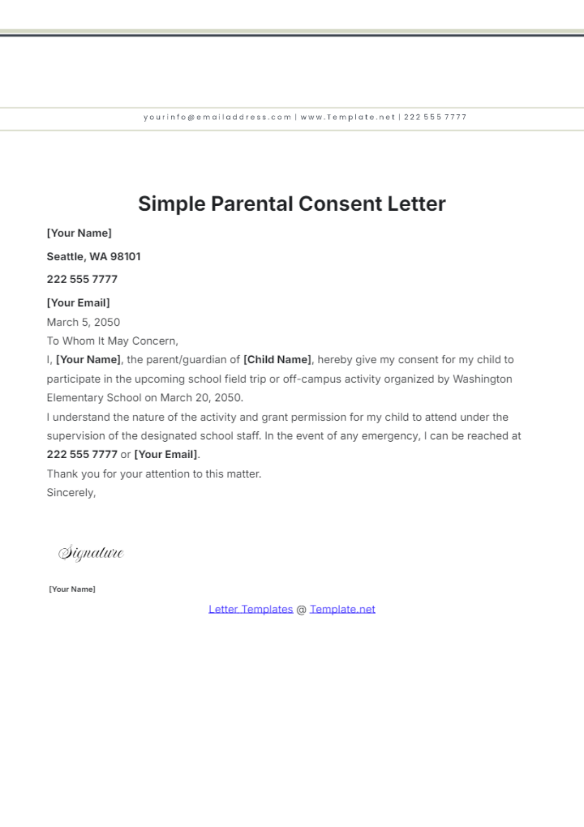 Simple Parental Consent Letter Template - Edit Online & Download