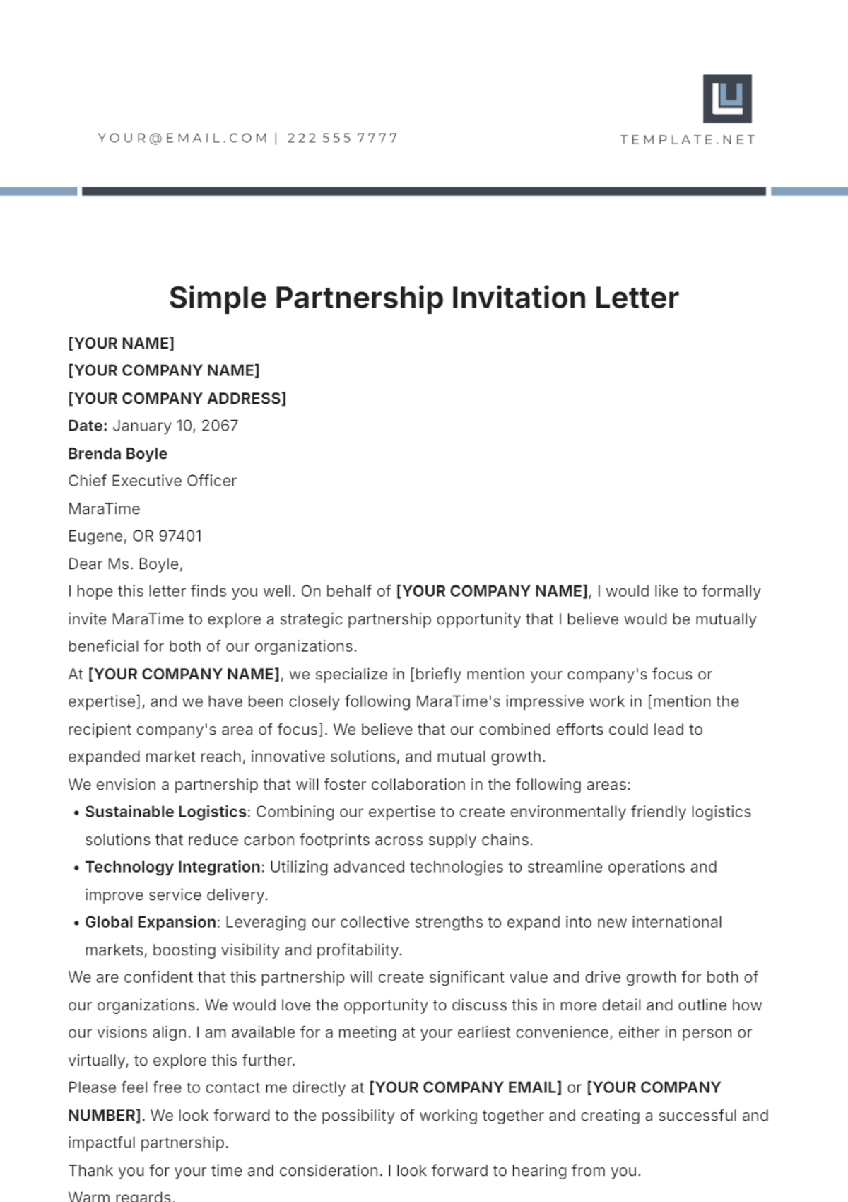 Simple Partnership Invitation Letter Template - Edit Online & Download