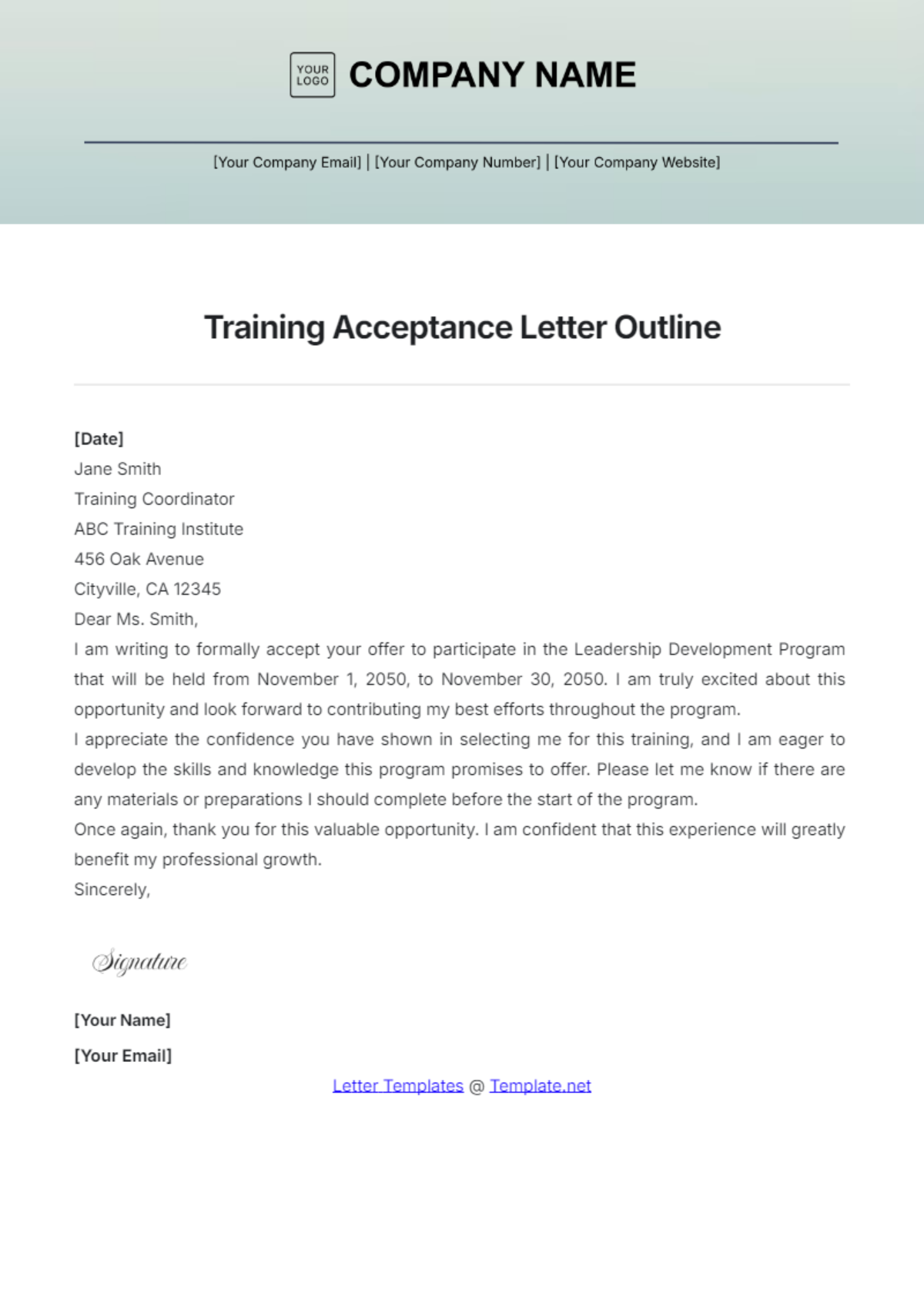 Training Acceptance Letter Outline Template - Edit Online & Download