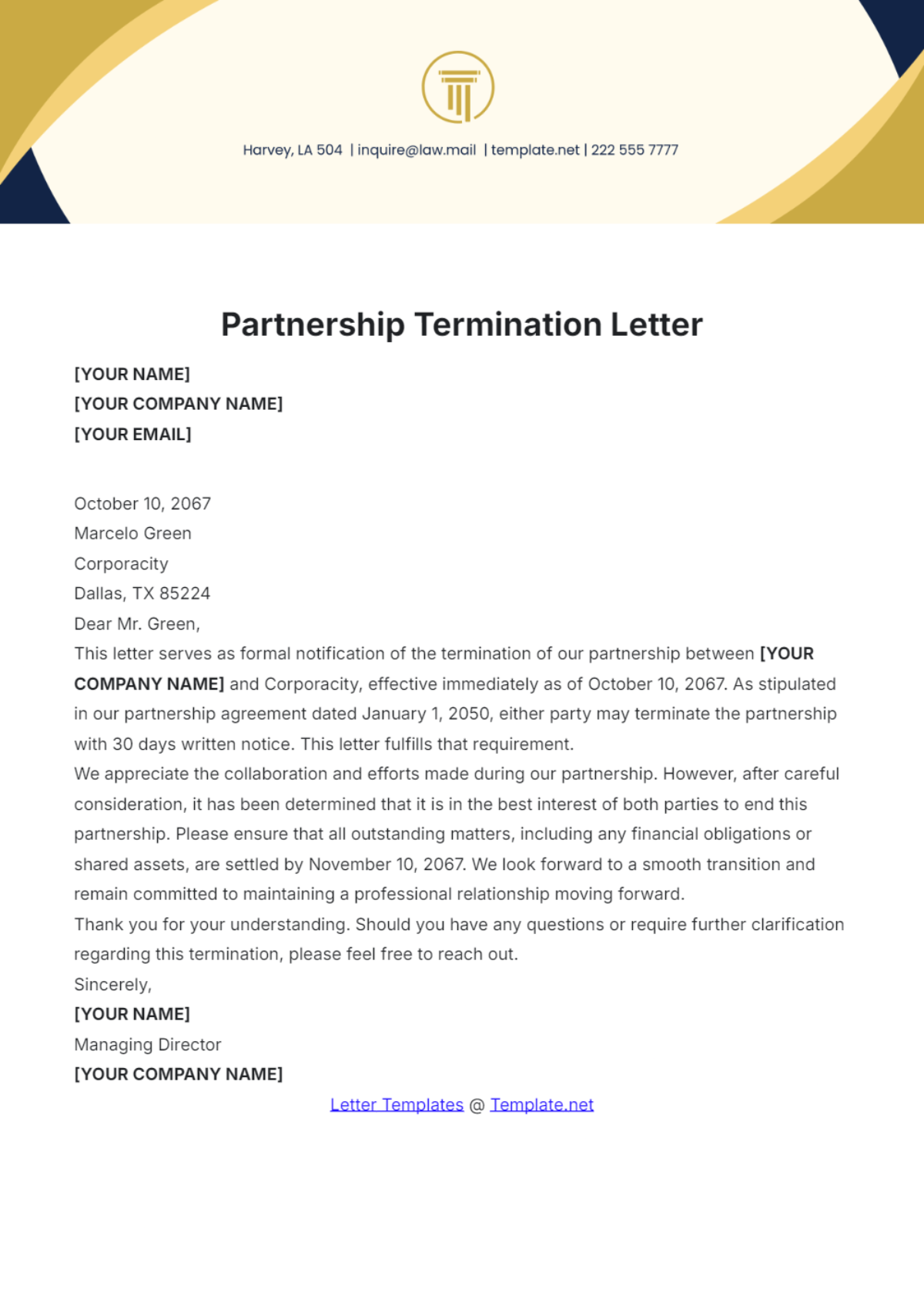 Partnership Termination Letter Template - Edit Online & Download