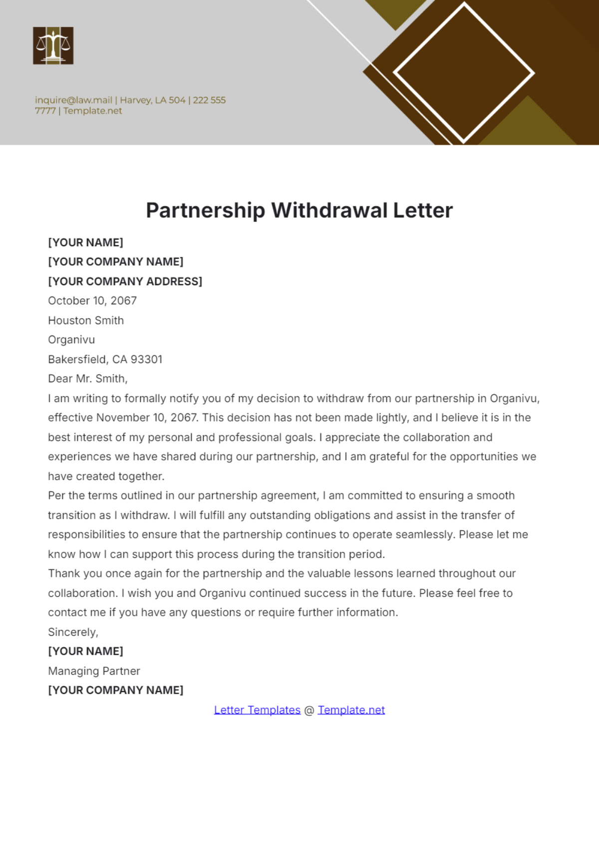 Partnership Withdrawal Letter Template - Edit Online & Download