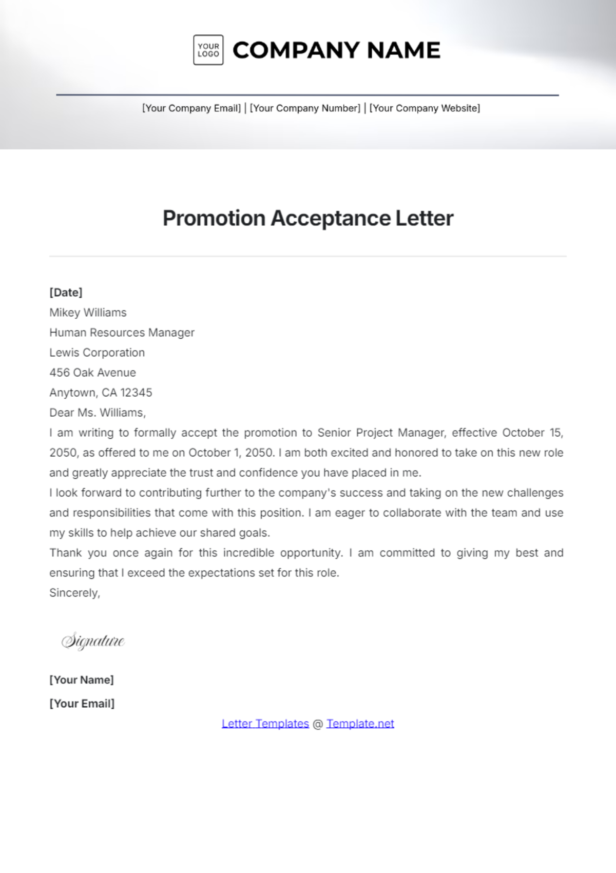 Promotion Acceptance Letter Template - Edit Online & Download