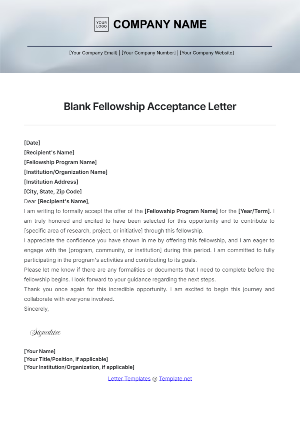 Blank Fellowship Acceptance Letter Template - Edit Online & Download