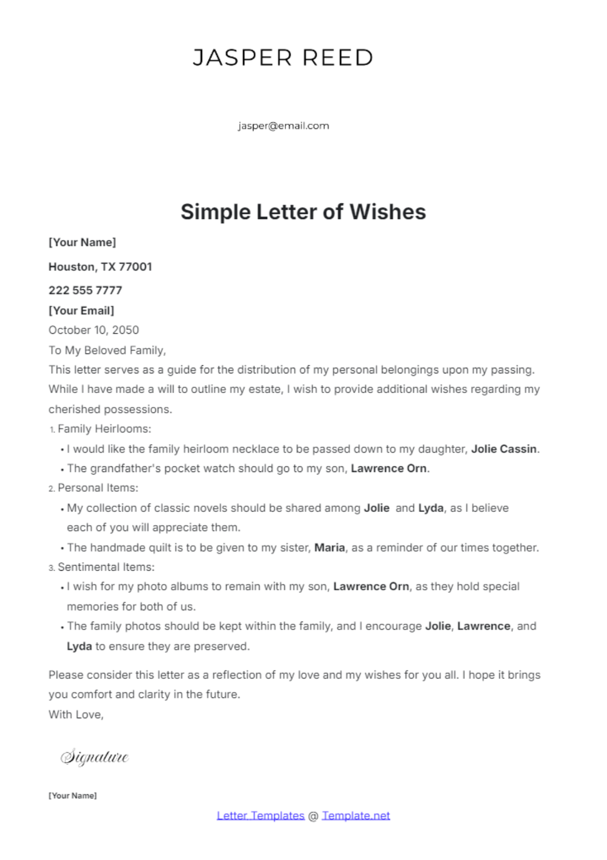 Simple Letter of Wishes Template - Edit Online & Download