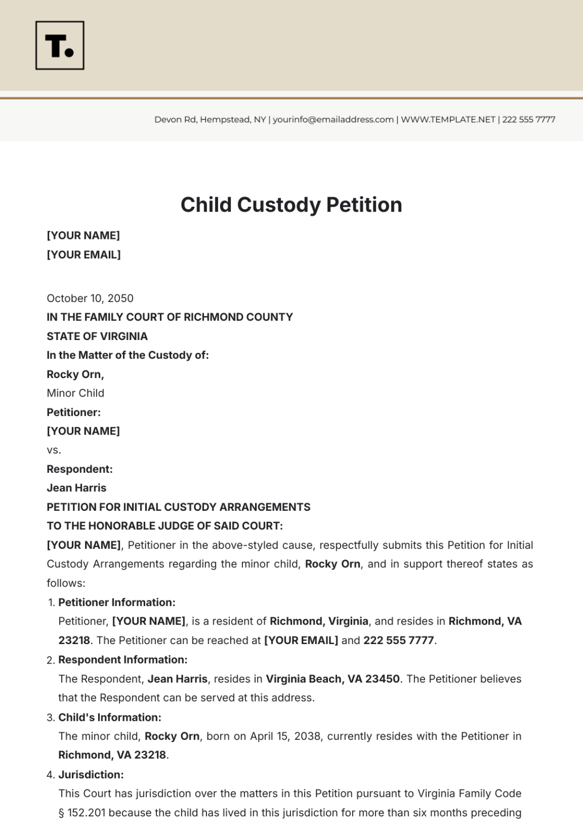 Child Custody Petition Template - Edit Online & Download