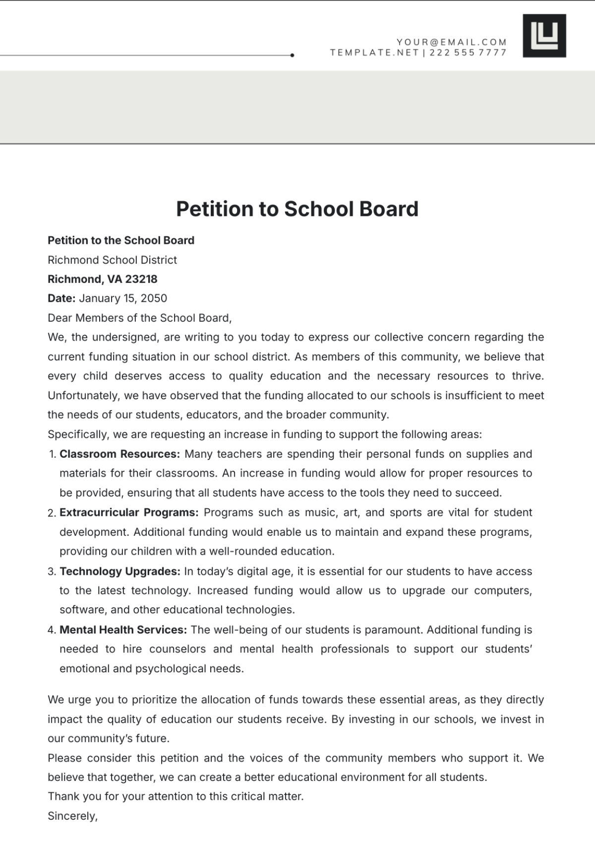 Petition to School Board Template - Edit Online & Download