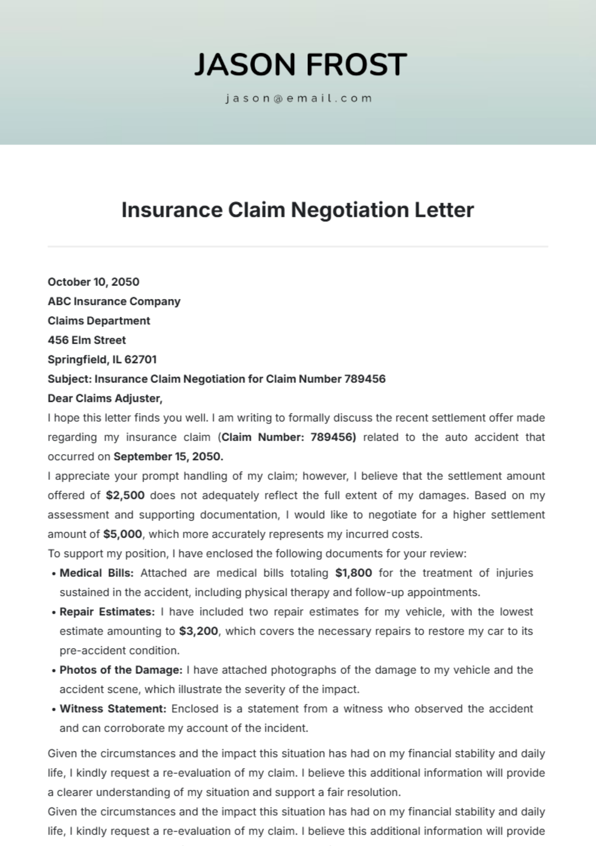 Insurance Claim Negotiation Letter Template - Edit Online & Download