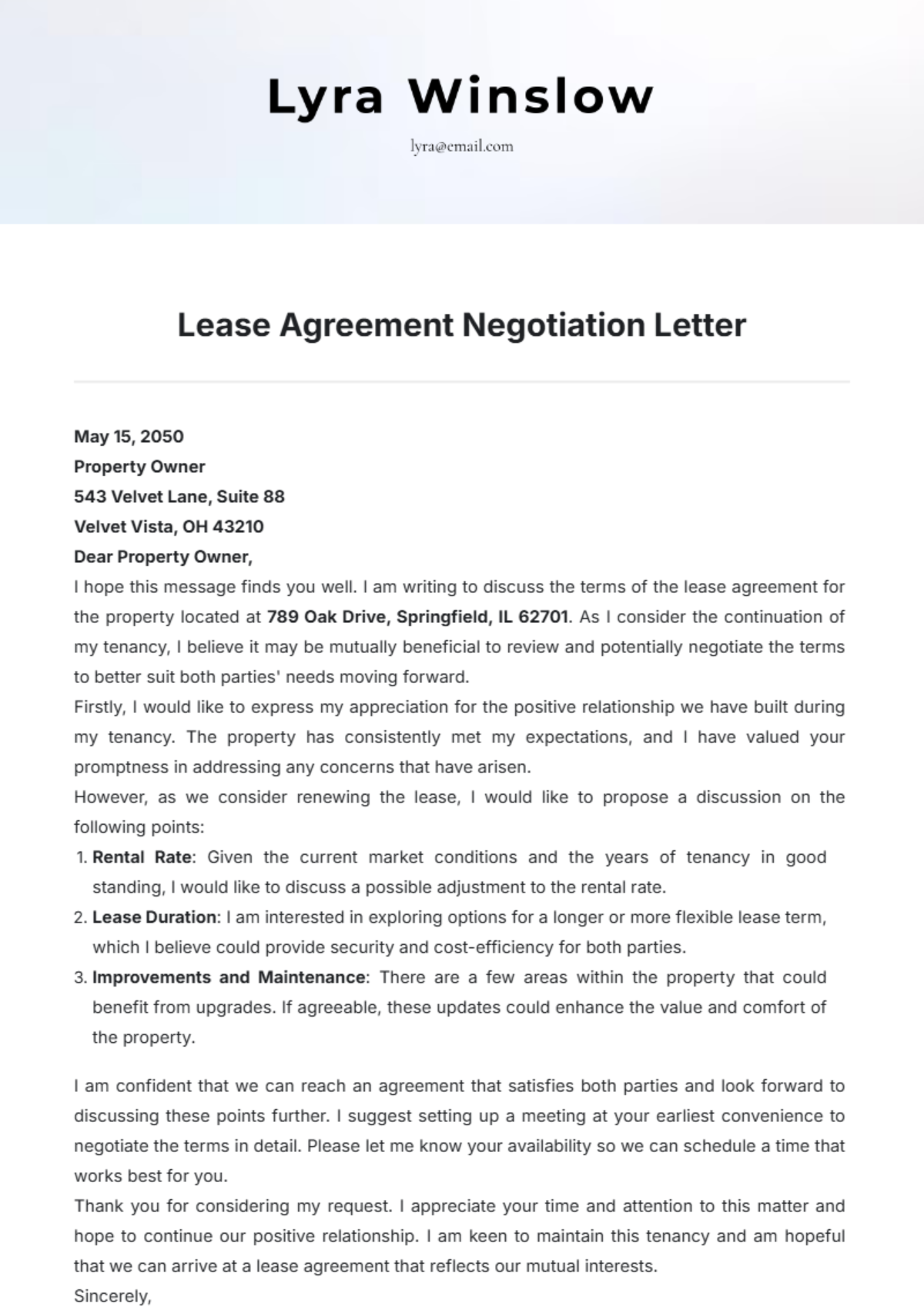 Lease Agreement Negotiation Letter Template - Edit Online & Download