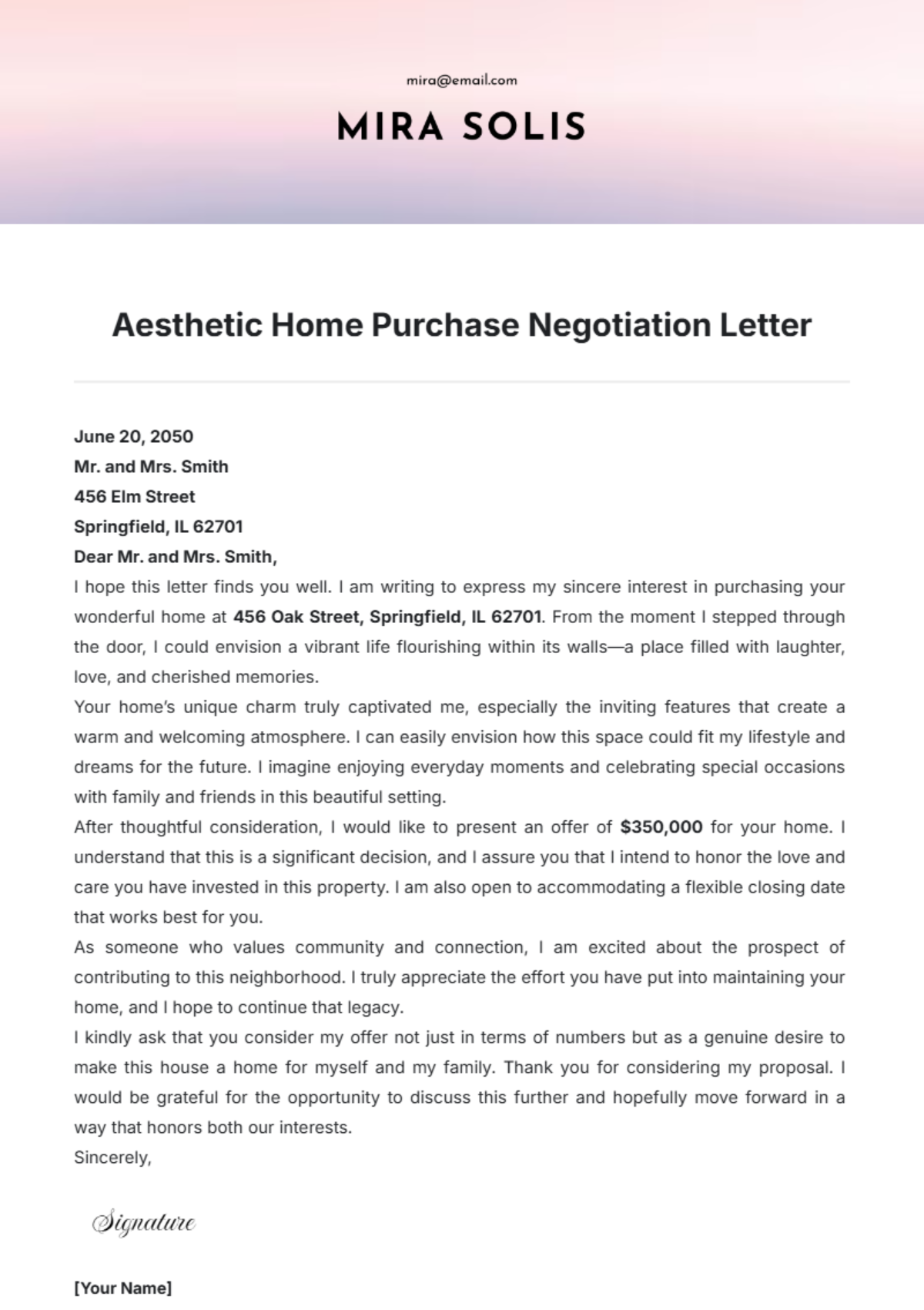 Aesthetic Home Purchase Negotiation Letter Template - Edit Online & Download