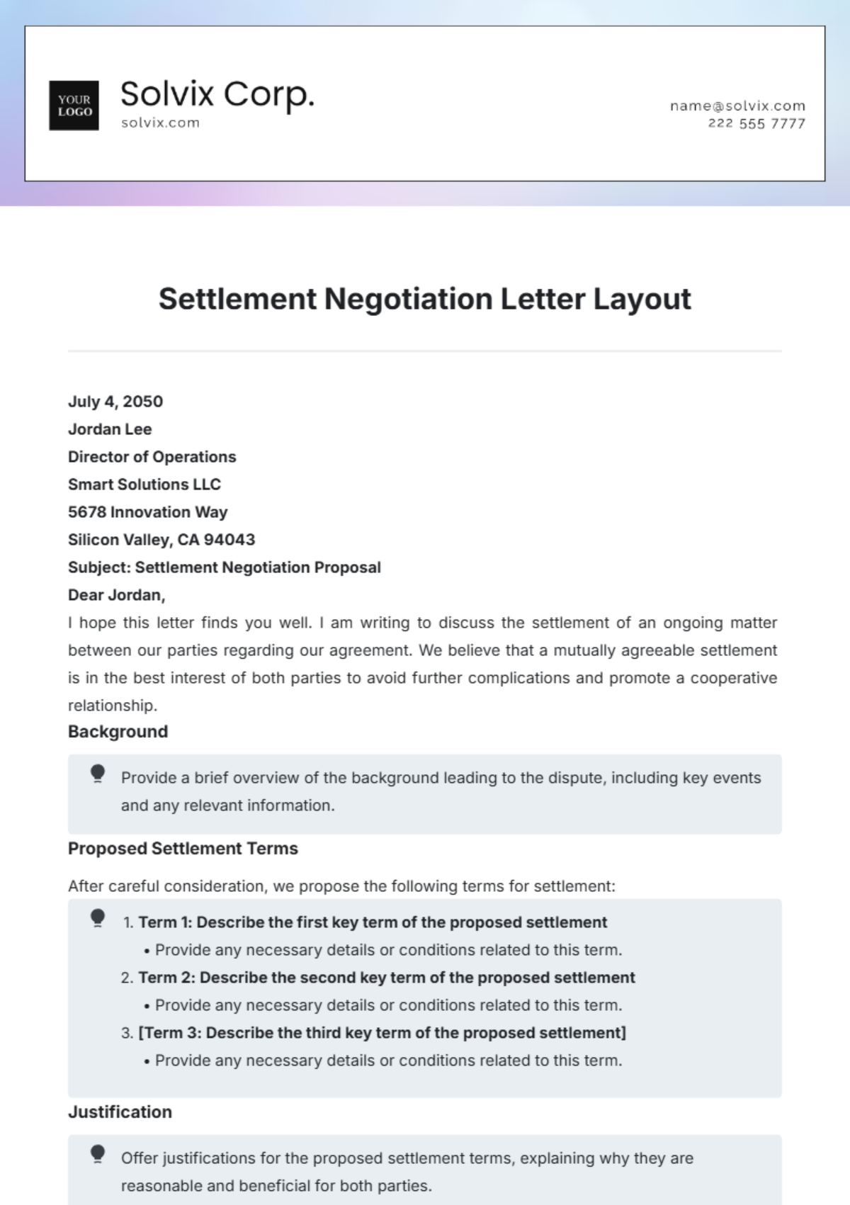 Settlement Negotiation Letter Layout Template - Edit Online & Download