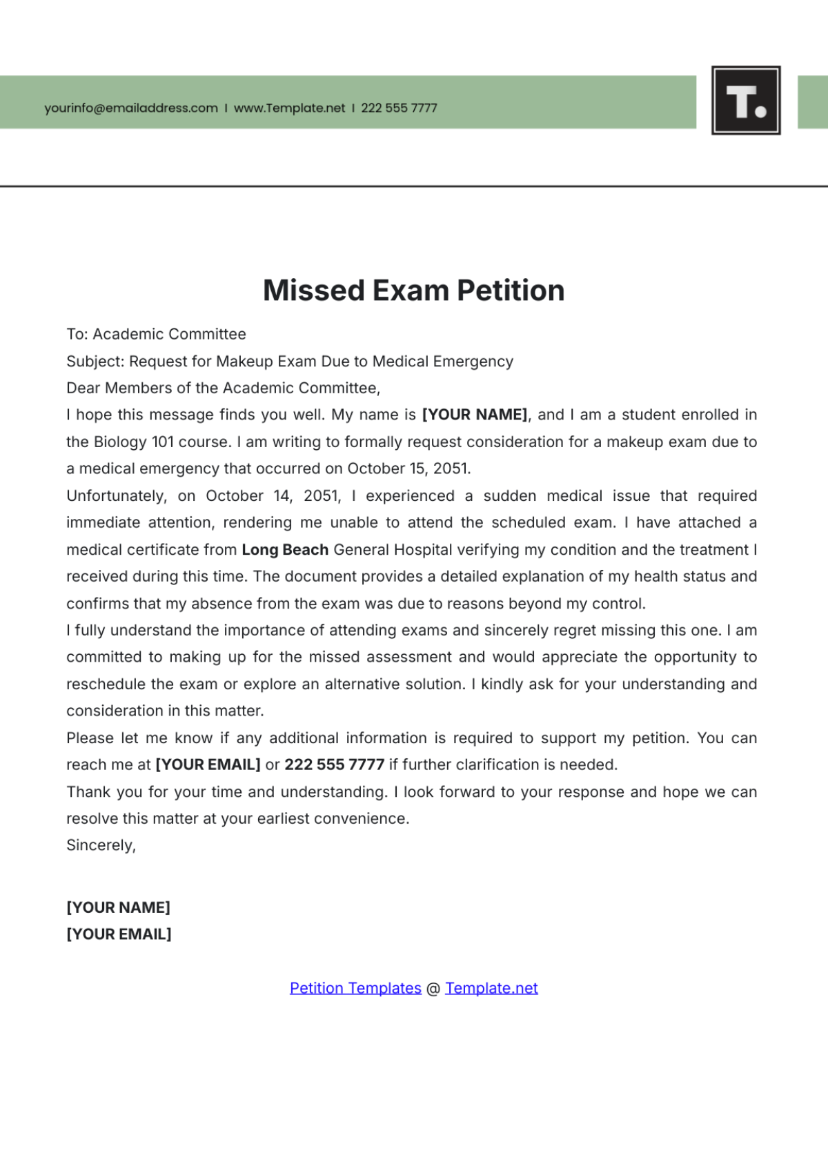 Missed Exam Petition Template - Edit Online & Download