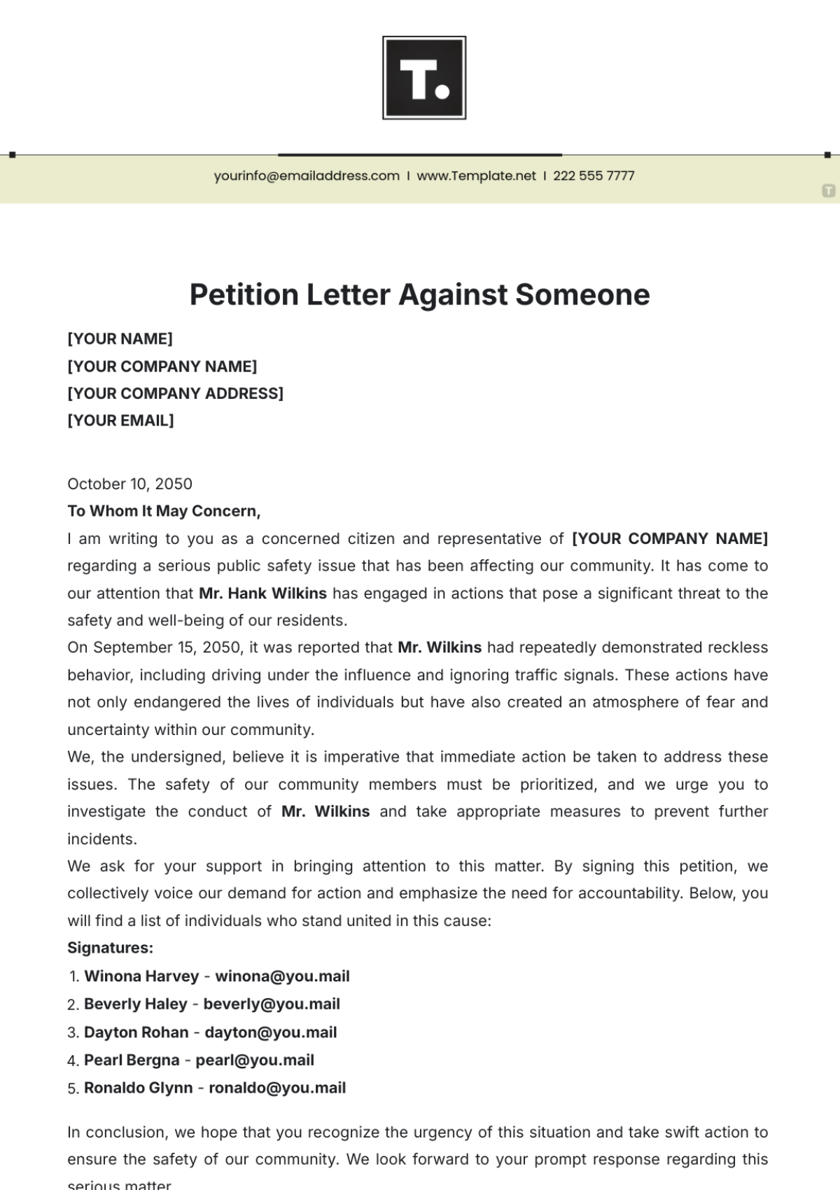 Petition Letter Against Someone Template - Edit Online & Download