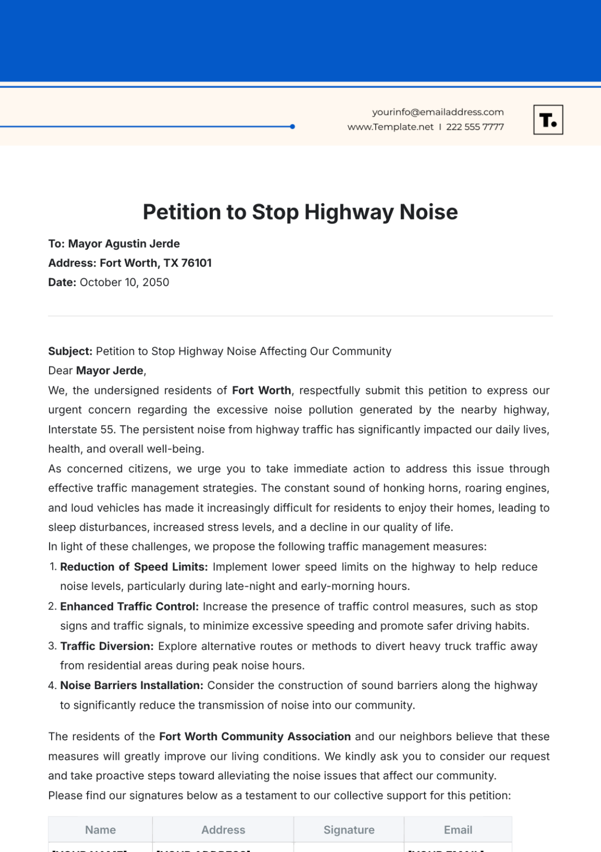 Petition to Stop Highway Noise Template - Edit Online & Download