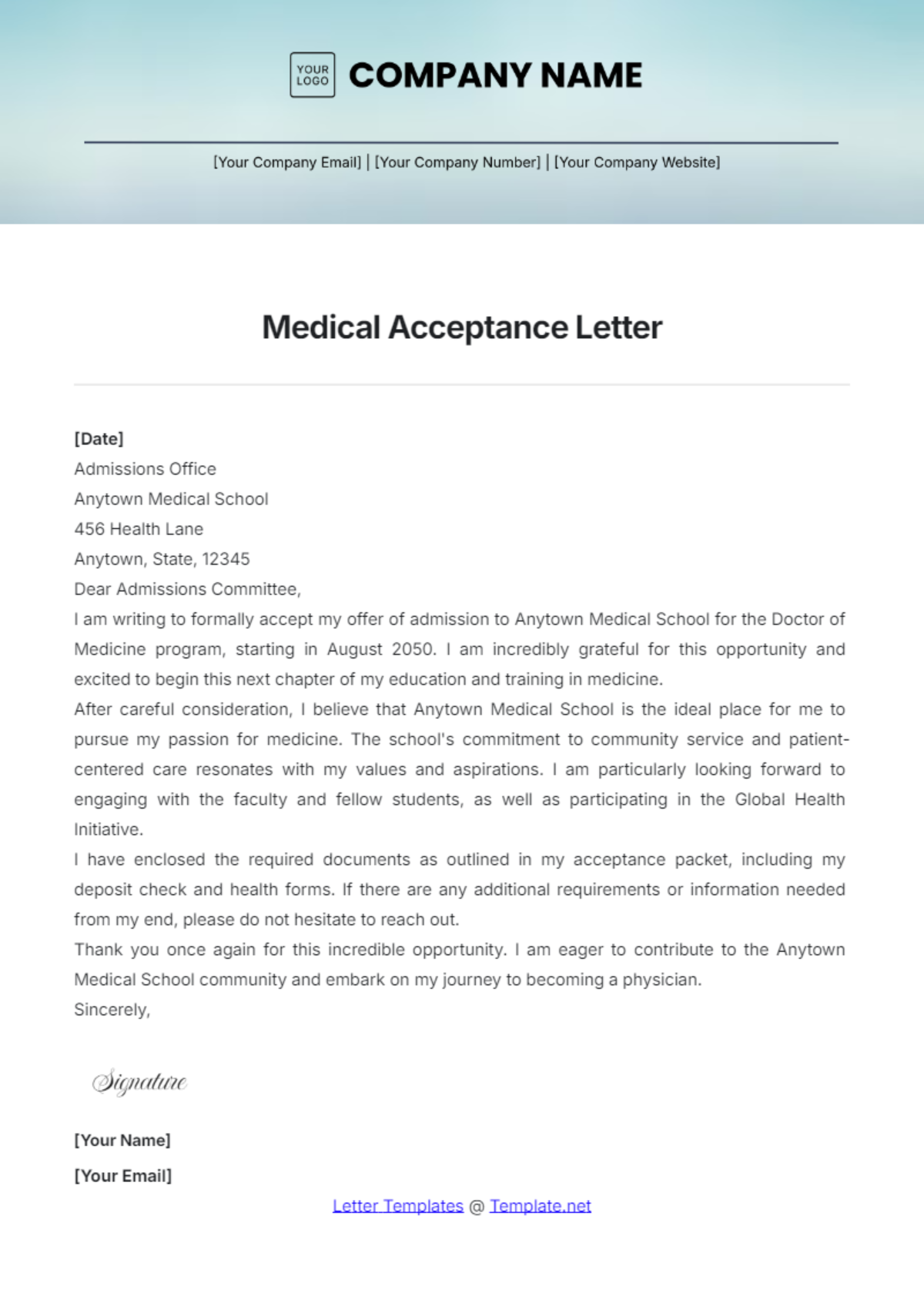 Medical Acceptance Letter Template - Edit Online & Download