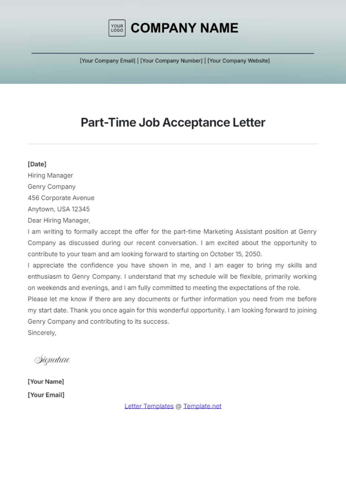 Part-Time Job Acceptance Letter Template - Edit Online & Download