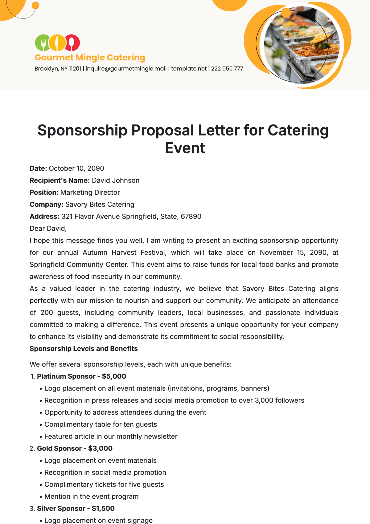 Sponsorship Proposal Letter for Catering Event Template - Edit Online & Download