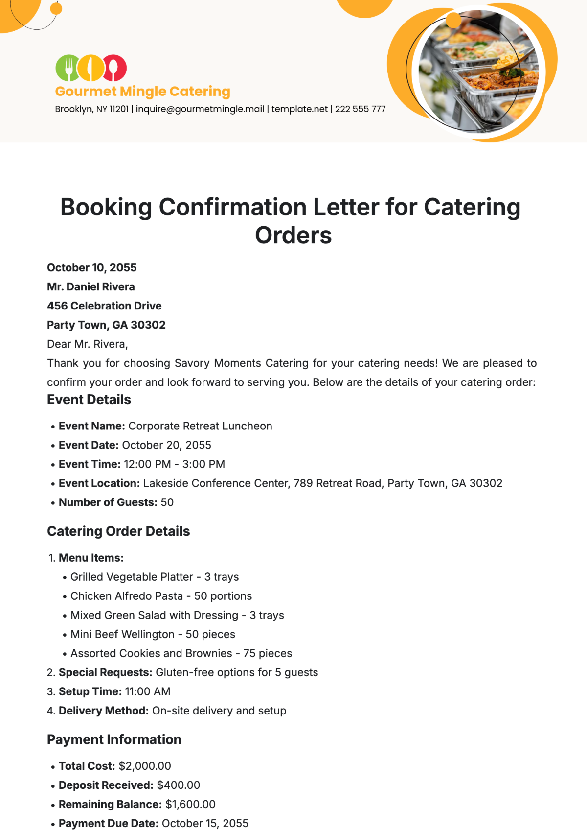 Booking Confirmation Letter for Catering Orders Template - Edit Online & Download